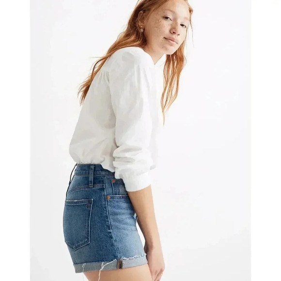 Madewell High Rise Denim Shorts Medium Wash Blue Cotton Raw Hem Cut Off Size 27 - Picture 2 of 7